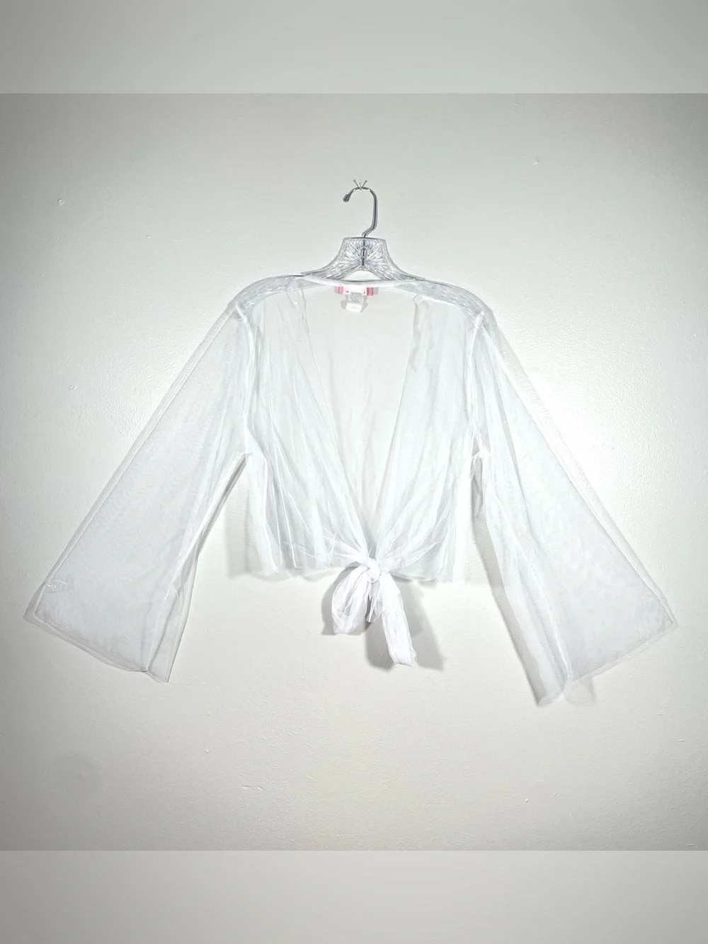 Rainbow White Sheer Mesh Tie Front Bell Sleeve Cover-Up Top XL Y2K Fairycore